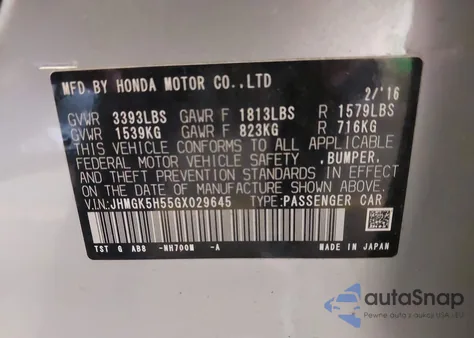 2016 Honda Fit Lx z USA, uszkodzony, nr VIN JHMGK5H55GX029645